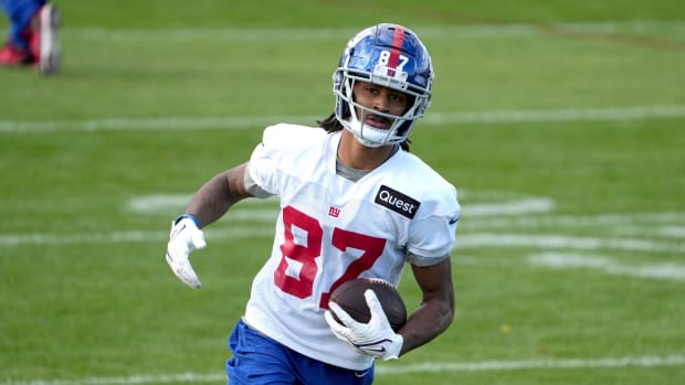 Oct 7, 2022; Thundridge, United Kingdom; New York Giants wide receiver Makai Polk (87) carries the ball during practice at Hanbury Manor.